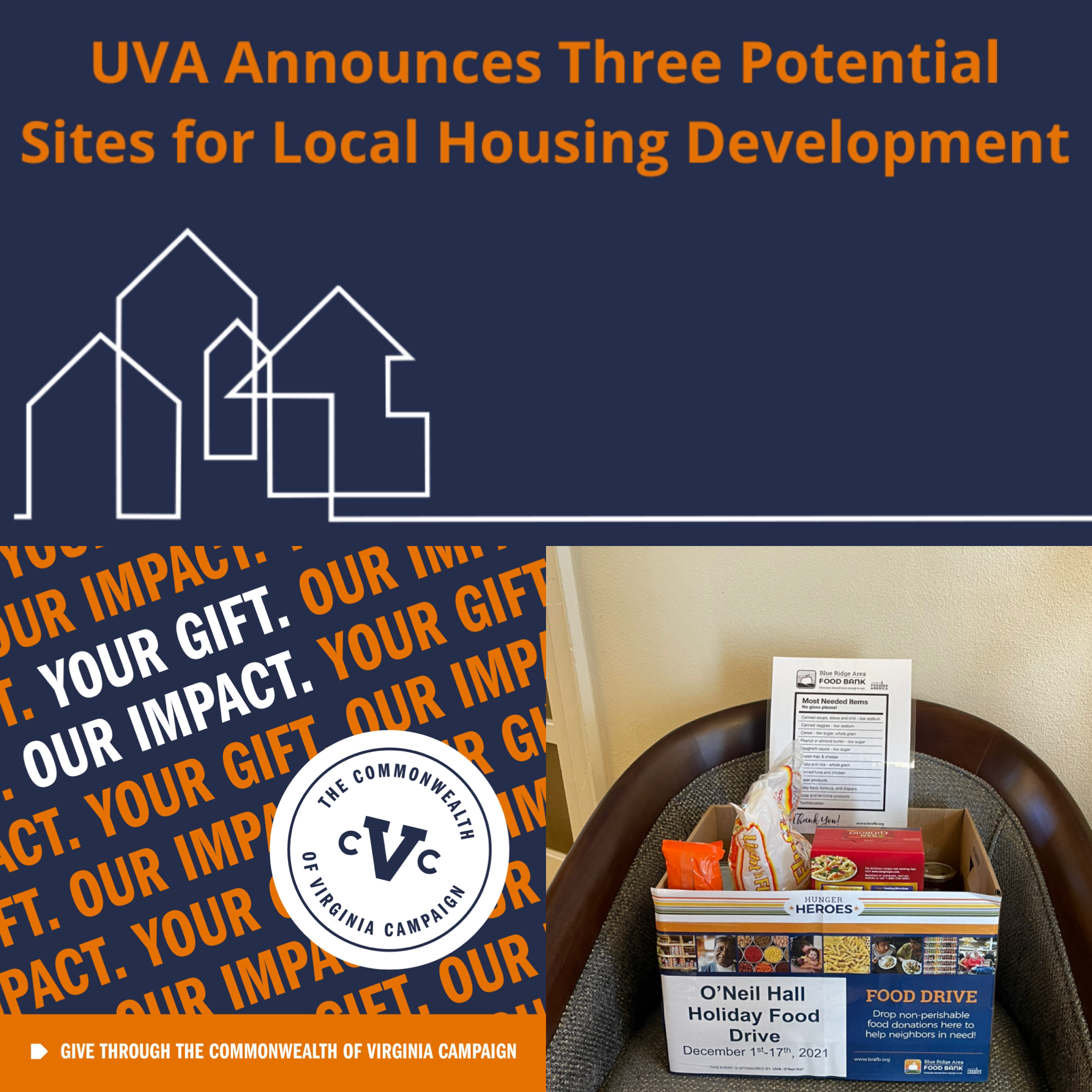 Affordable Housing sites selected, CVC, O'Neil Hall Food Drive
