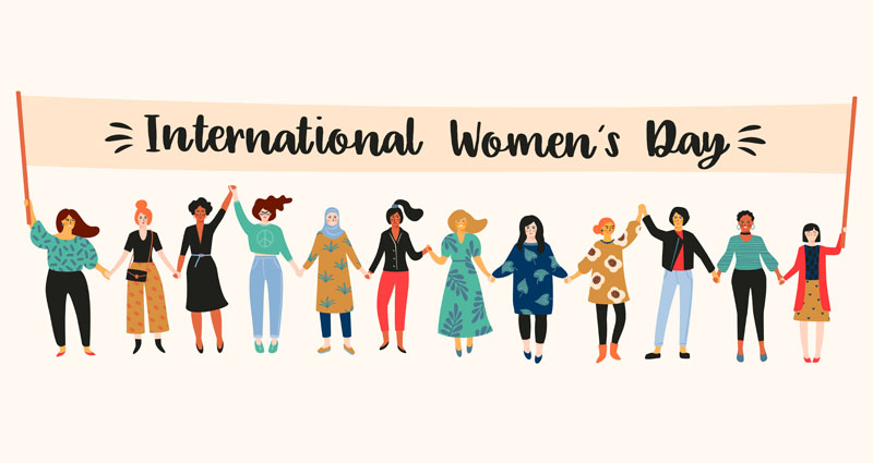 International Women's Day banner with a drawing of a diverse group of women