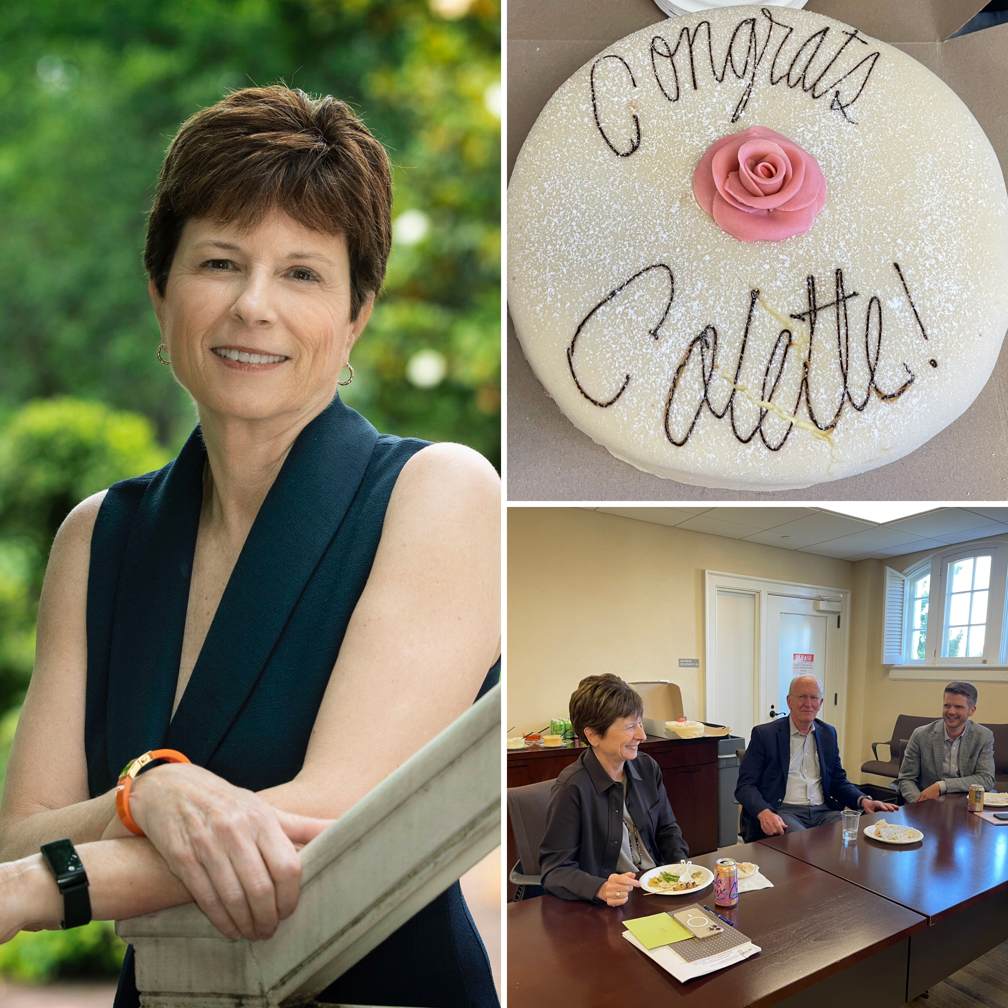 Collage: Colette Sheehy, congrats Colette cake, Colette laughs with staff 