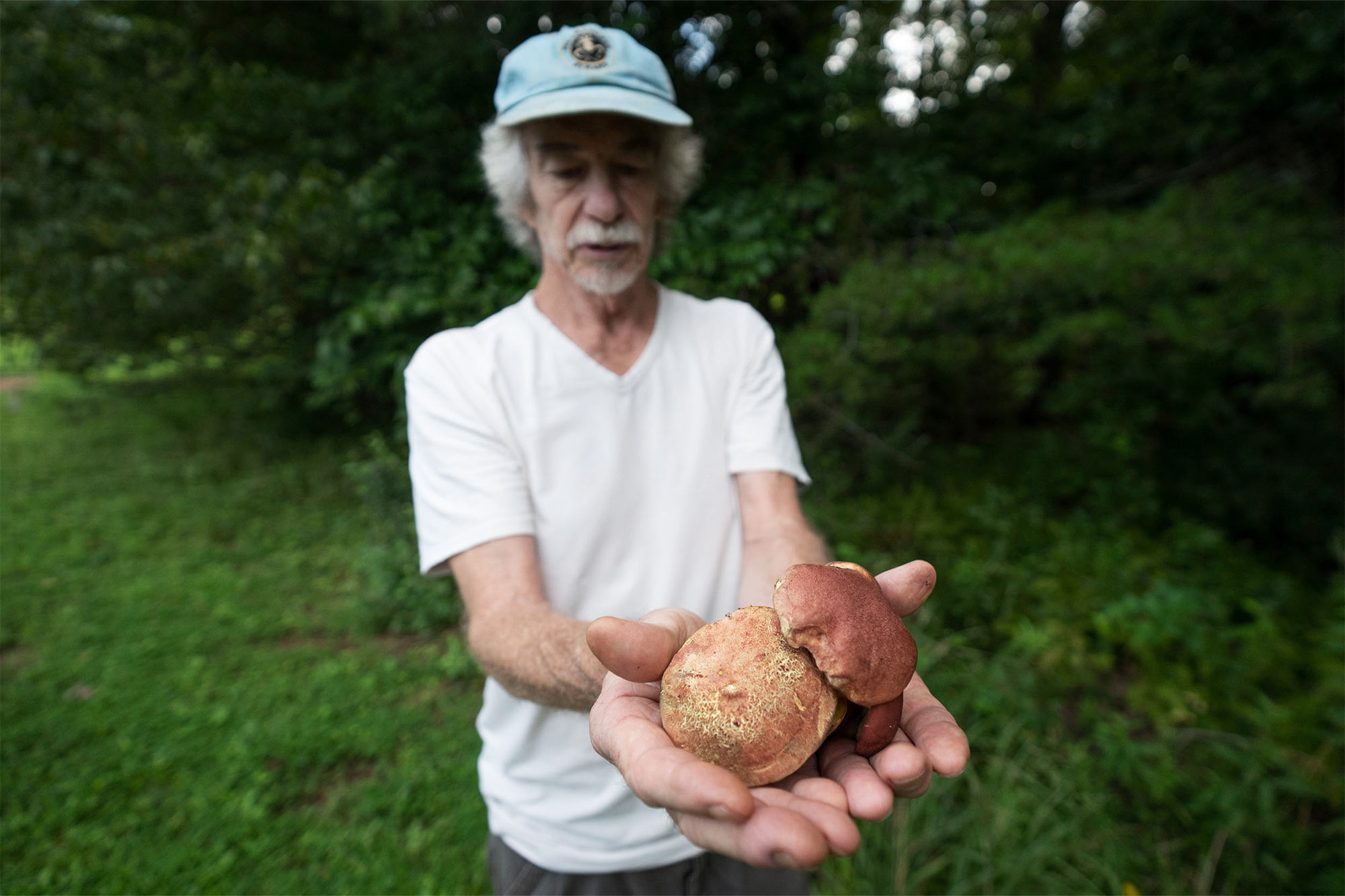 Gardner Tim Andus holds mushrooms in his outstretched hands