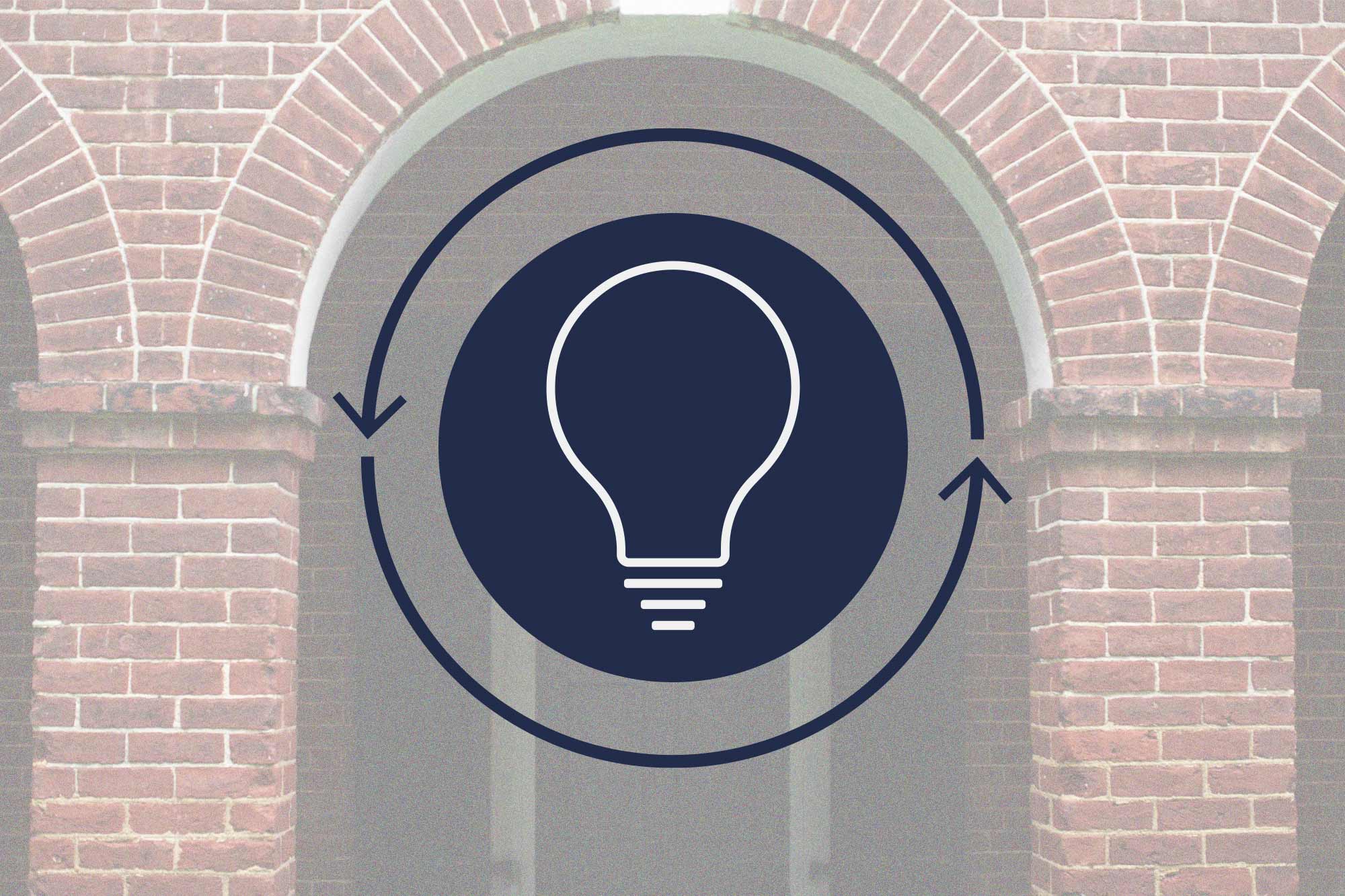 lightbulb with arrows in circle around it; building arches in background