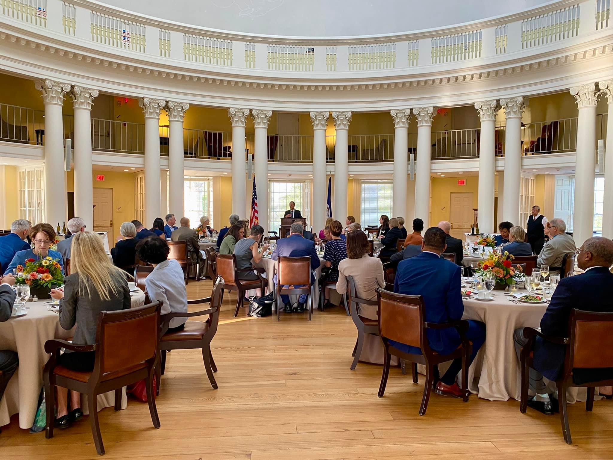 Members of the State Council of Higher Education for Virginia and the Council of Presidents dine with UVA leaders in the Dome Room