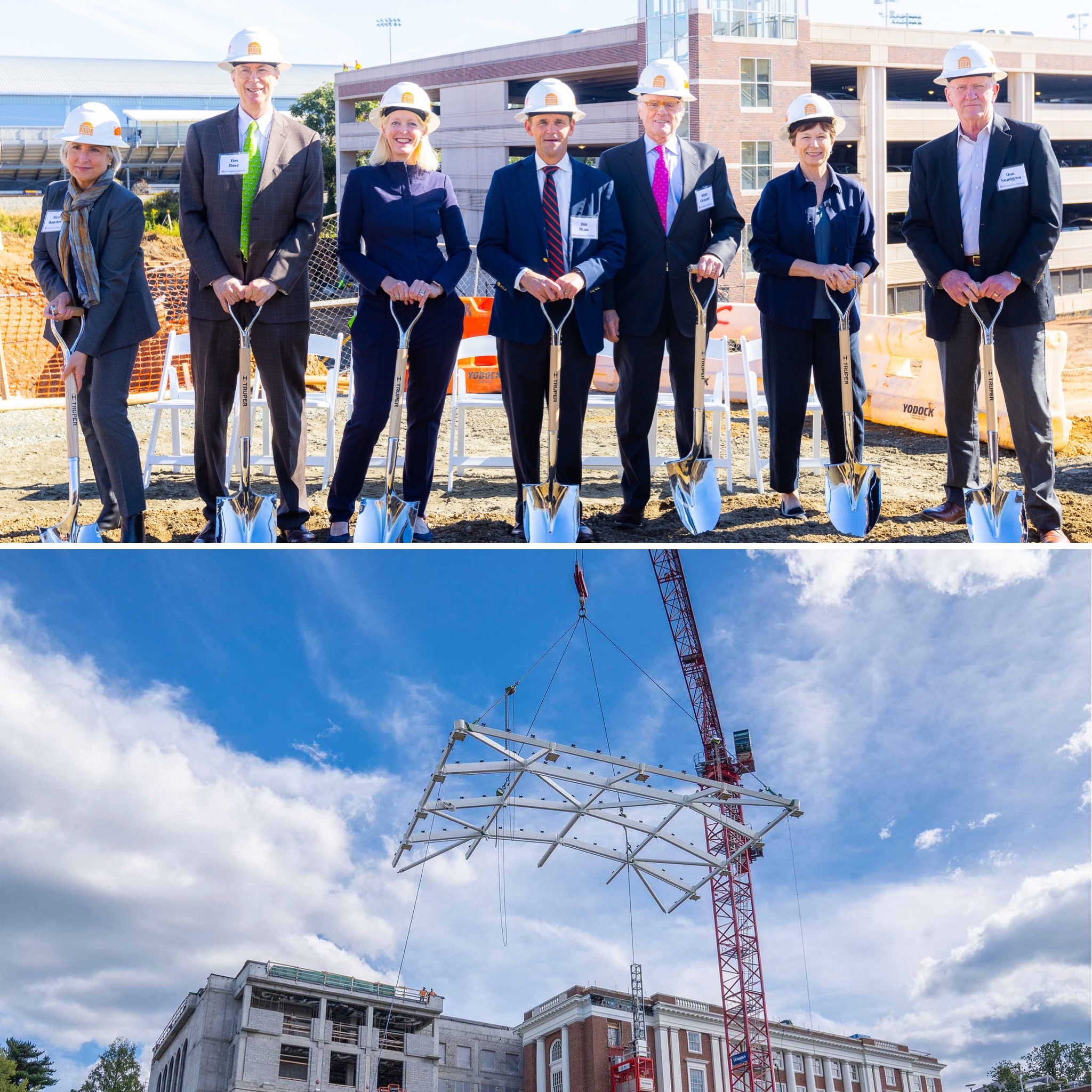 Top: Hotel and Conference Center Groundbreaking; Bottom: library skylight hoisted in place by a crane