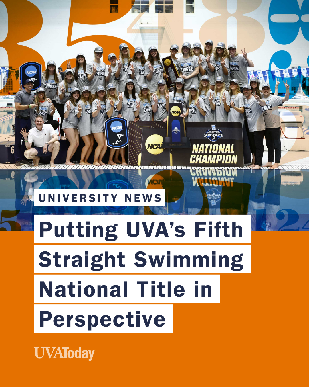 Graphic featuring entire women and men's swimming & diving teams w/NCAA championship award