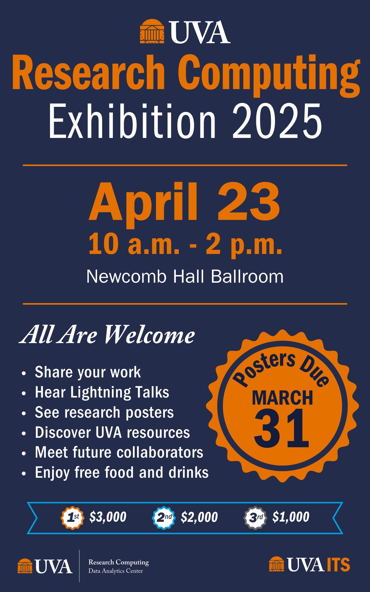 Graphic: UVA Research Computing Exhibition 2025; April 23; 10 AM - 2 PM; Newcomb Hall Ballroom; All are Welcome